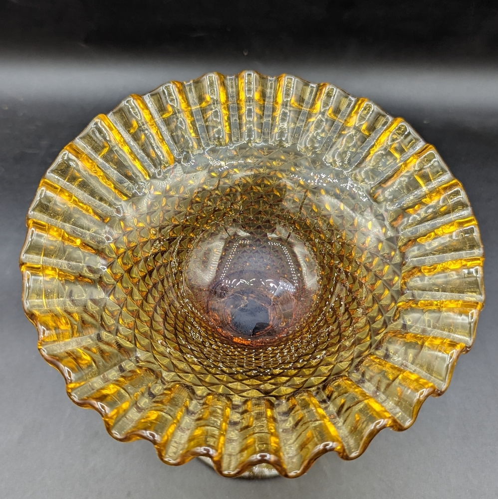 Vintage Amber Glass Pedestal Crimped Ruffle Diamond Point Compote Candy Dish - Picture 5 of 8